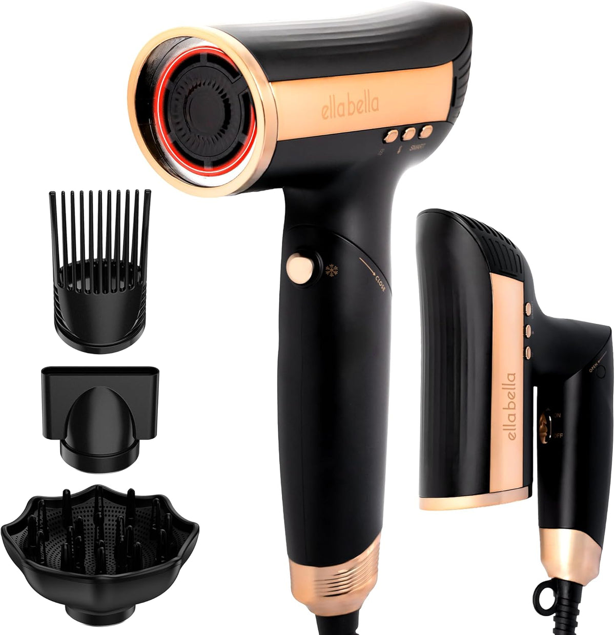 ELLA BELLA® Secador de pelo plegable infrarrojo, motor sin escobill...