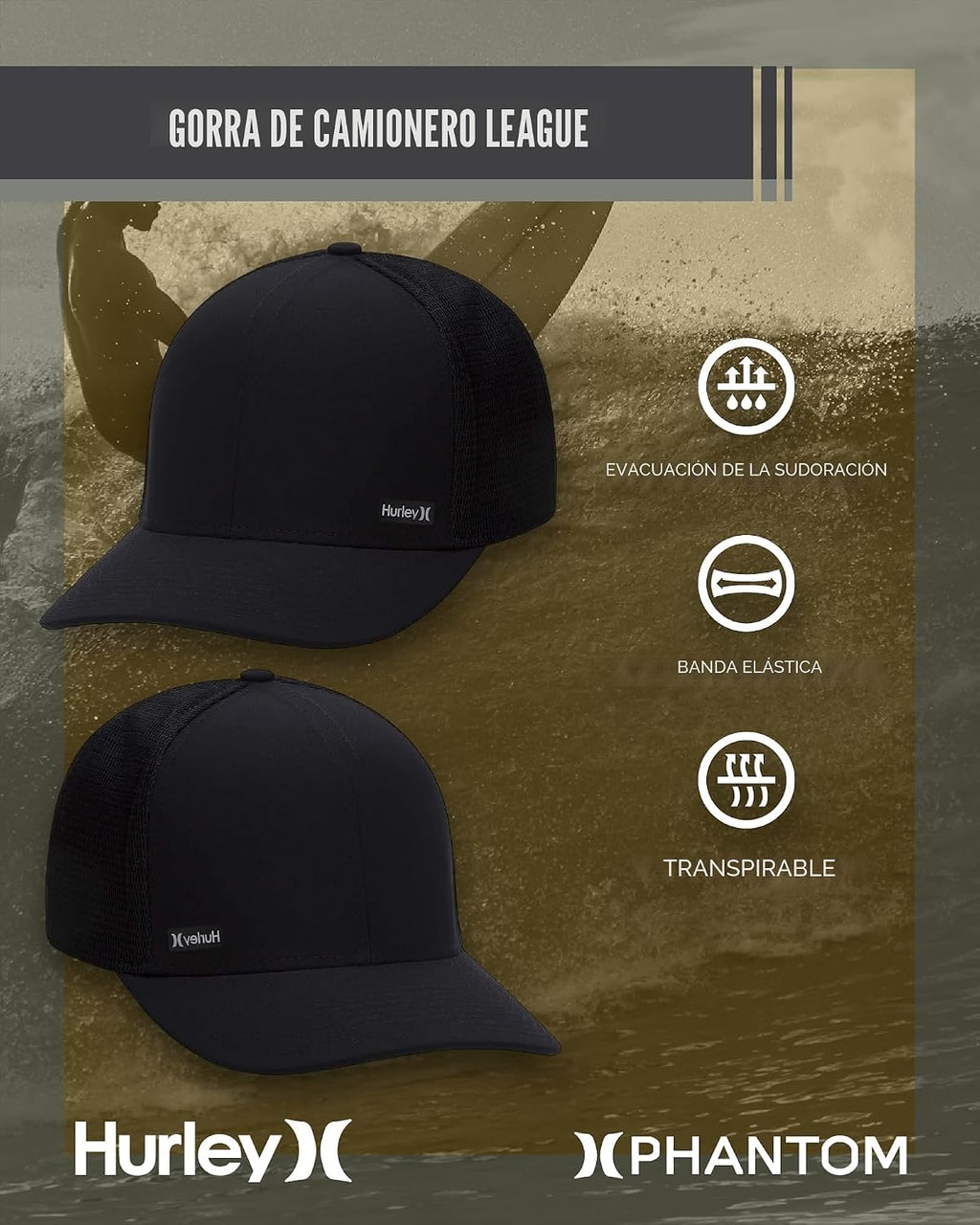 Hurley - Gorro de deporte para hombre, ajustable, ajuste casual, te...