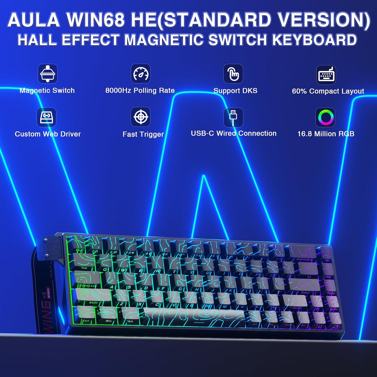 AULA WIN68 HE Teclado mecánico para juegos 60%, interruptor magnéti...