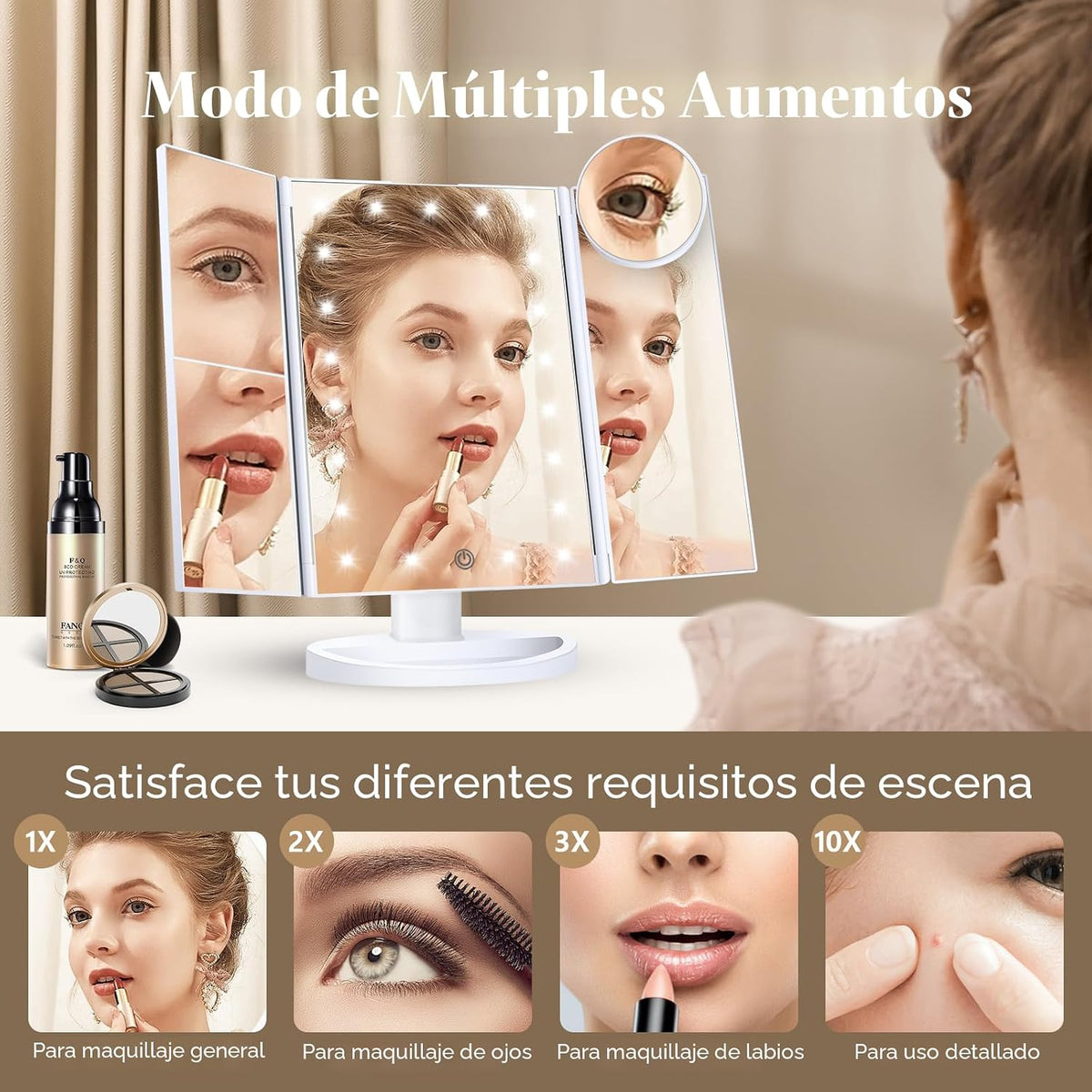 HUONUL Espejo de tocador con aumento 2X\/3X\/10X con luz, espejo de...