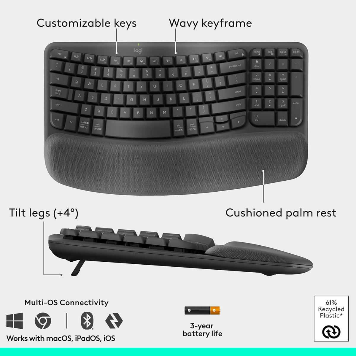 Logitech Wave Keys & Lift - Ratón vertical ergonómico inalámbrico c...