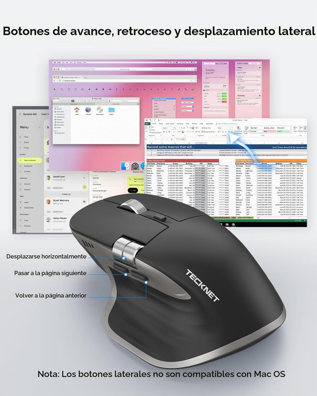 TECKNET Ratón inalámbrico, desplazamiento lateral Bluetooth recarga...