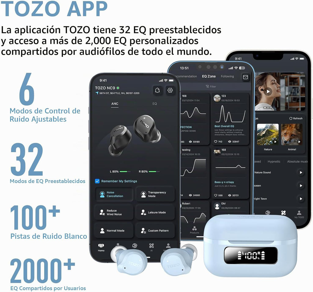 TOZO NC9 Auriculares inalámbricos híbridos con cancelación activa d...
