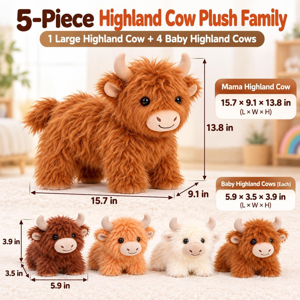 TOYSYM Highland Cow - Animal de peluche con bebés, juego familiar d...