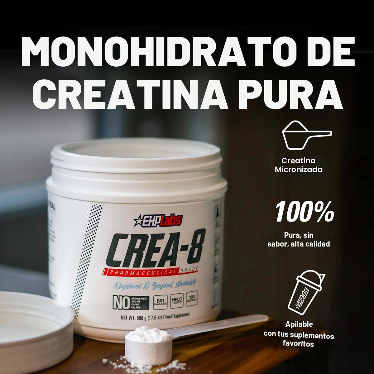 EHP Labs CREA-8 Monohidrato de creatina en polvo, sin sabor, 100 po...
