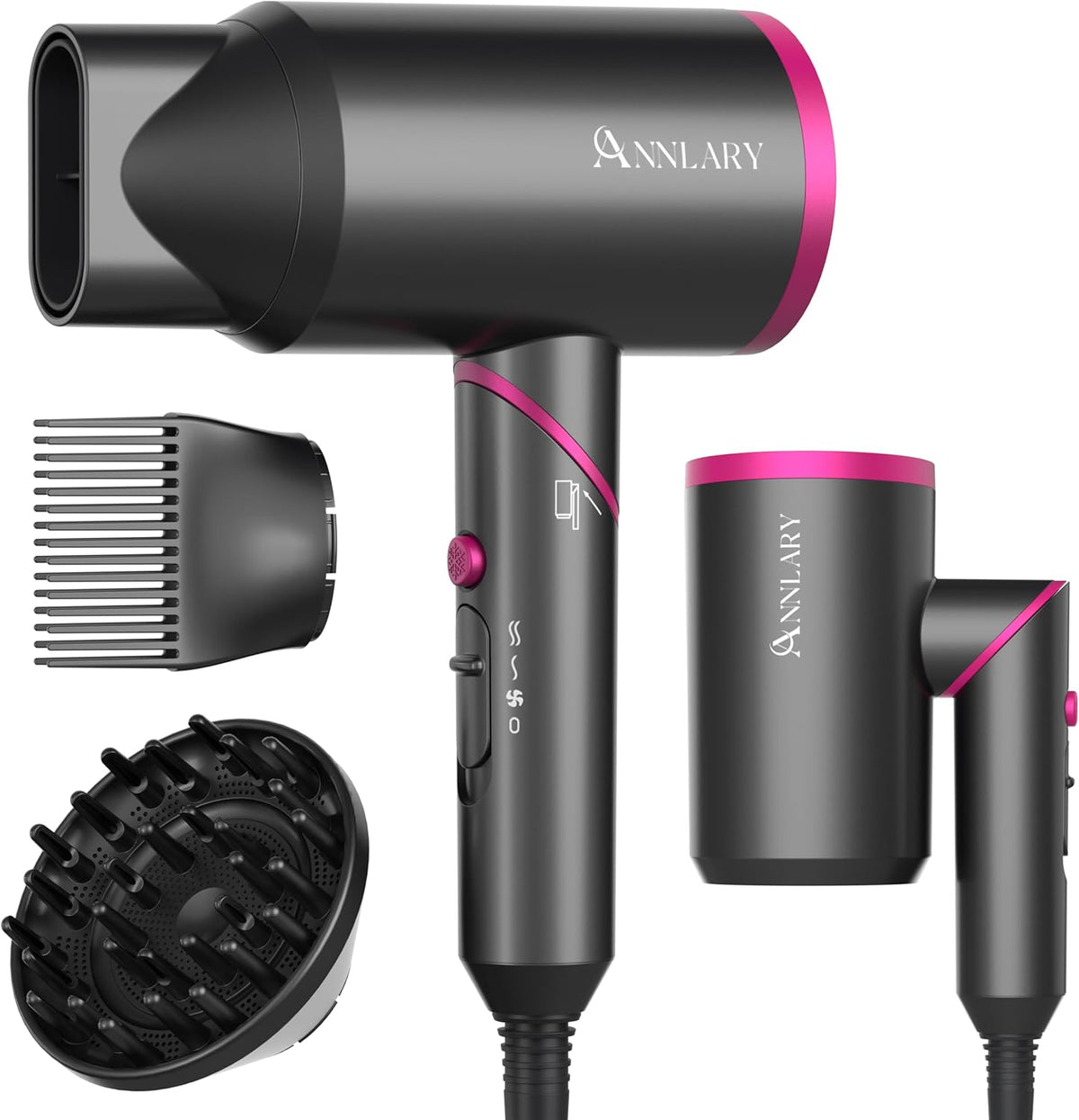 ANNLARY Secador de pelo con difusor, secador de pelo de iones de pl...