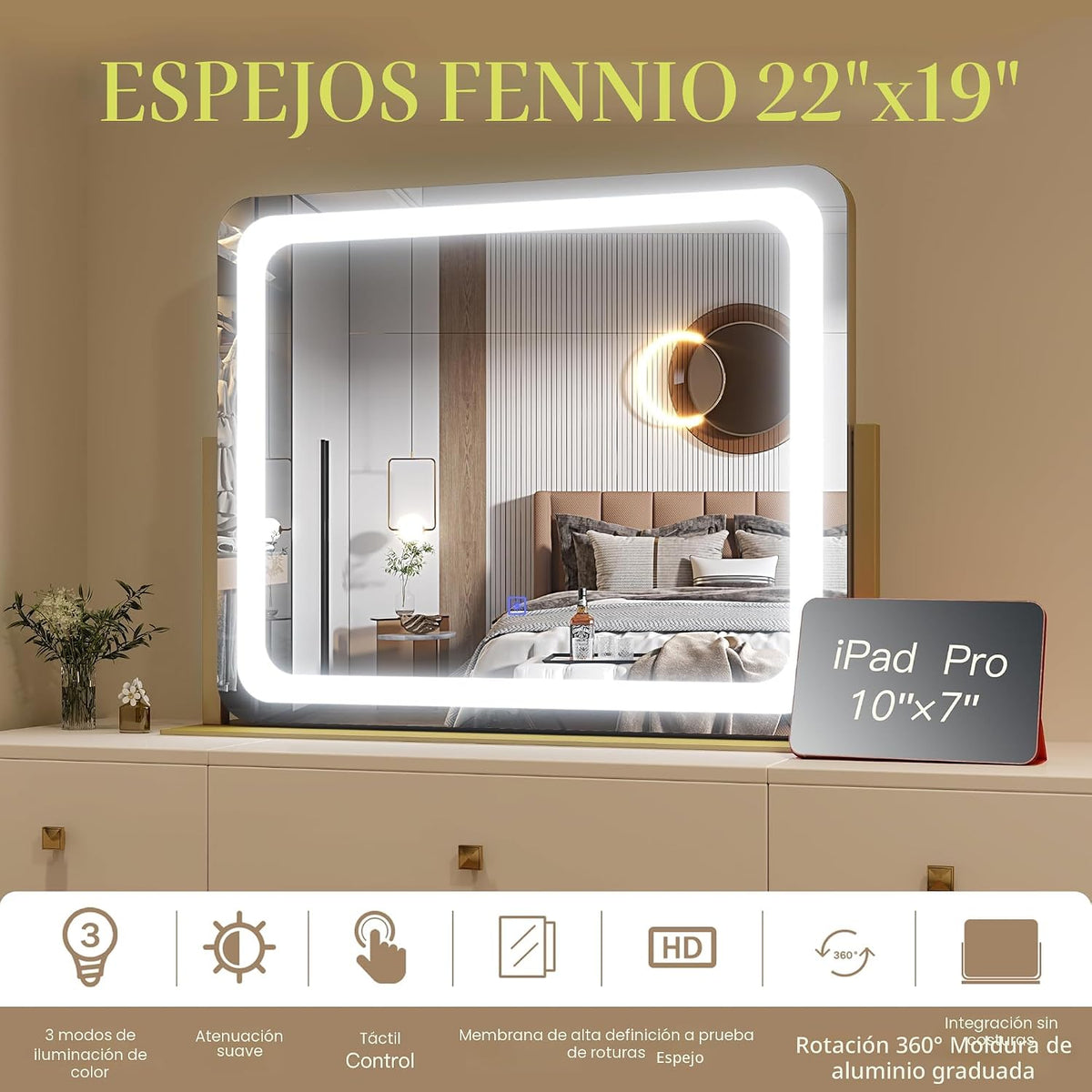 FENNIO Espejo de tocador dorado con luces de 22"x19", espej...
