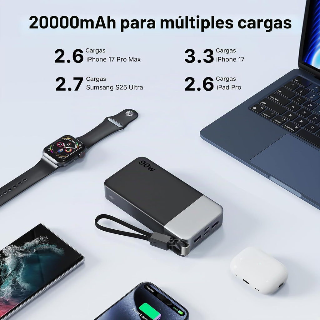 Cargador portátil NOBIS 20000mAh 90W Power Bank con cable desmontab...