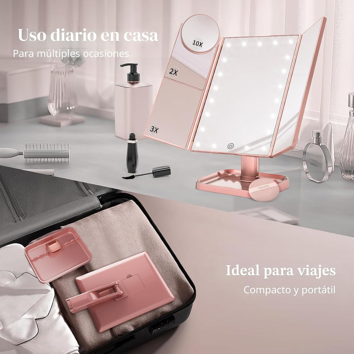 HUONUL Espejo de tocador con aumento 2X\/3X\/10X con luz, espejo de...