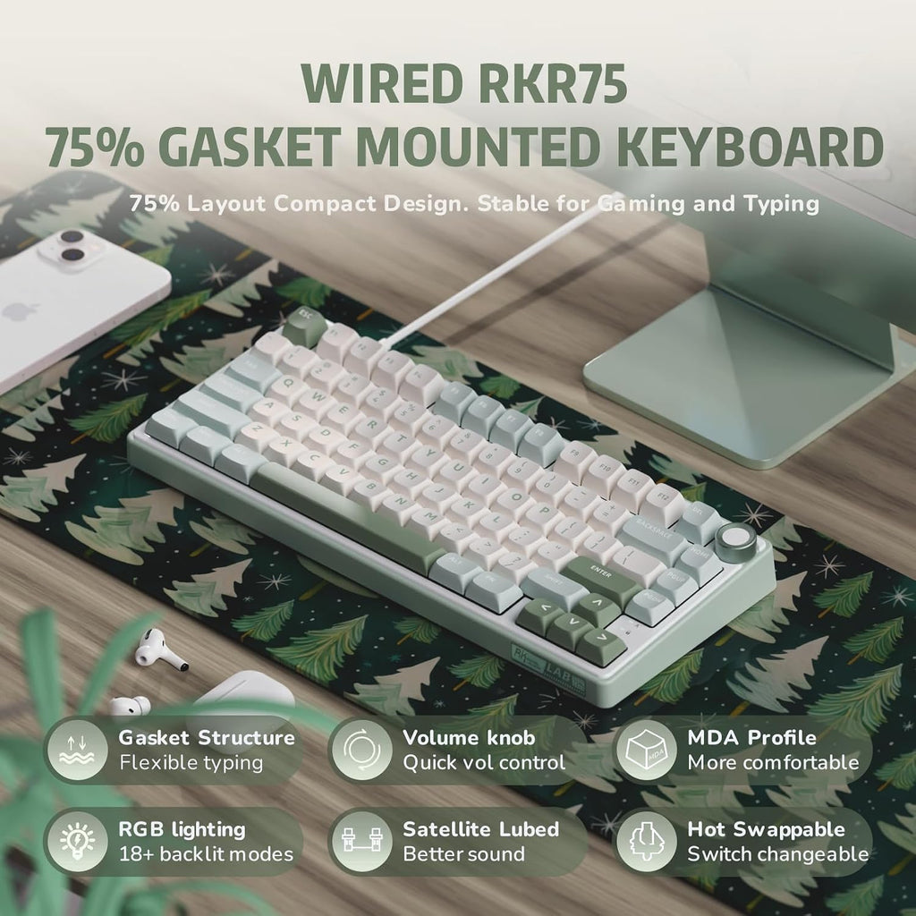 RK ROYAL KLUDGE Teclado mecánico R75 con cable con perilla de volum...