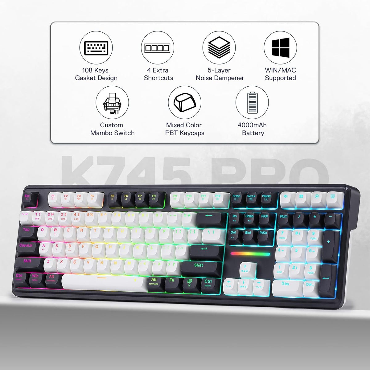Redragon K745 PRO Teclado inalámbrico de 108 teclas RGB para juegos...