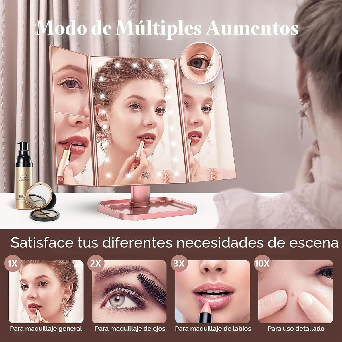 HUONUL Espejo de tocador con aumento 2X\/3X\/10X con luz, espejo de...