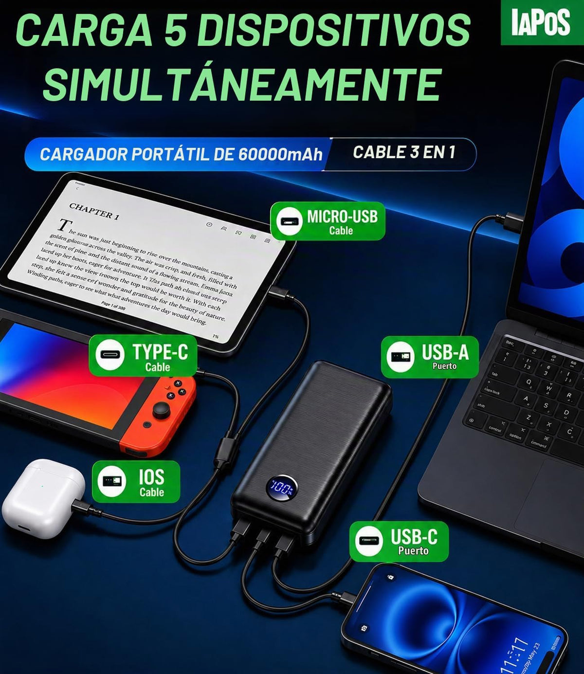 IAPOS Cargador portátil de carga rápida de 60000mAh 22.5W, para ban...