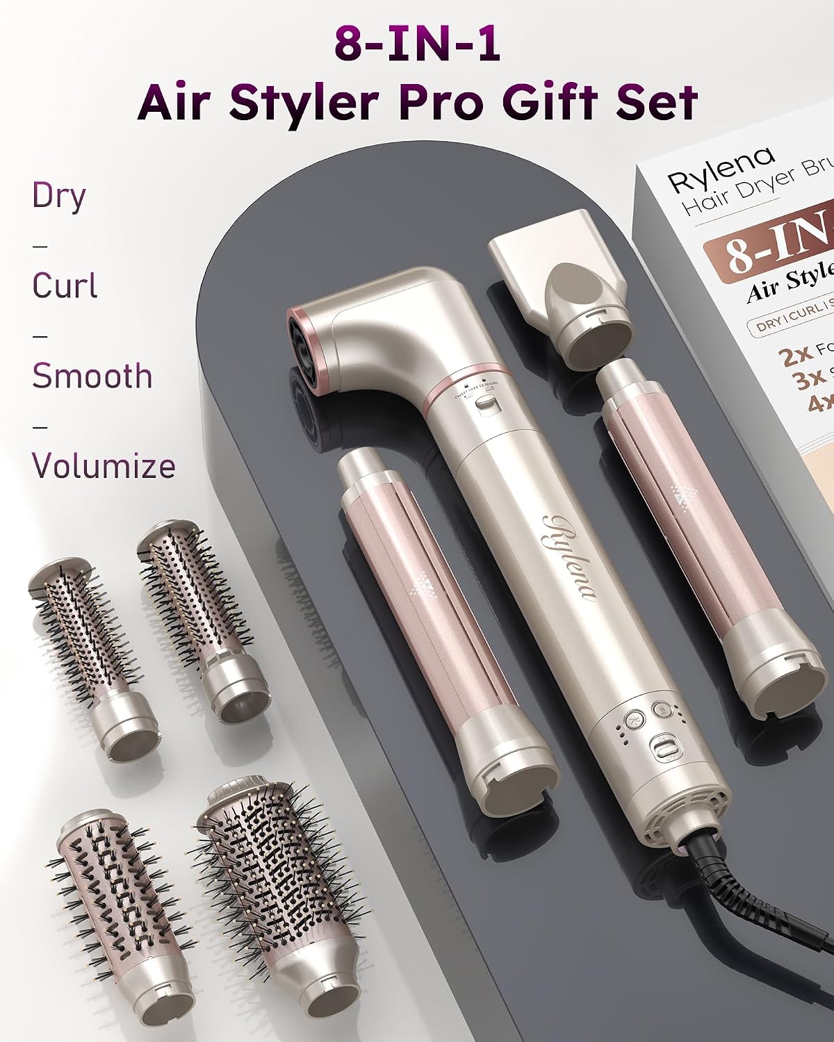 Rylena Air Styler Pro 8 en 1, cepillo secador de pelo y cepillo sec...