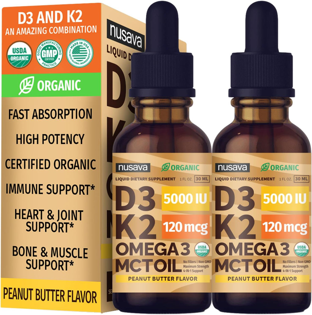 Paquete de 2 gotas orgánicas de vitamina D3 K2 con aceite MCT Omega...