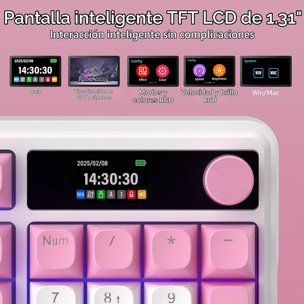 Redragon K762 PRO - Teclado, pantalla y perilla para juegos con jun...