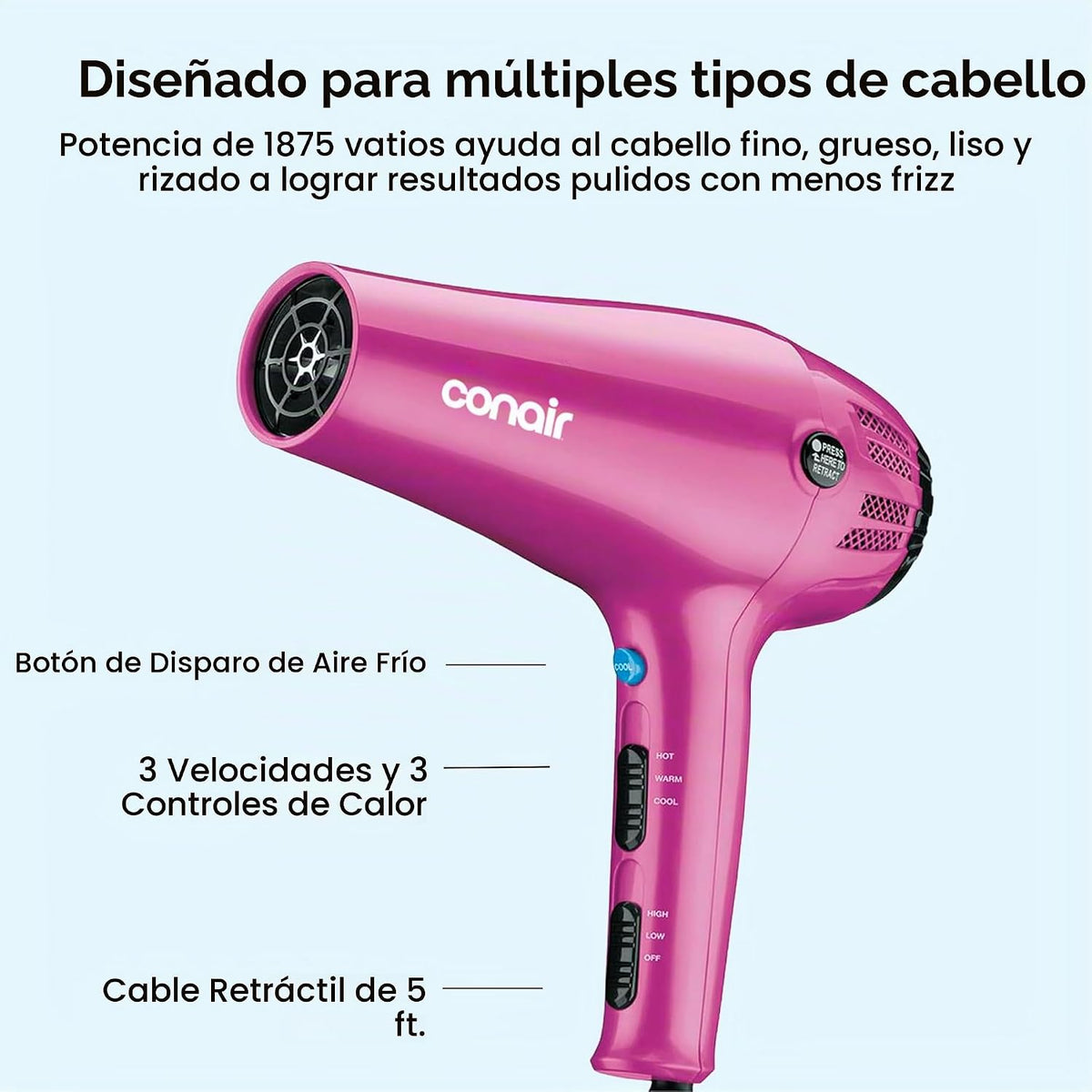 Conair 1875 W cord-keeper secador de pelo con ionizador; Color Rosa...