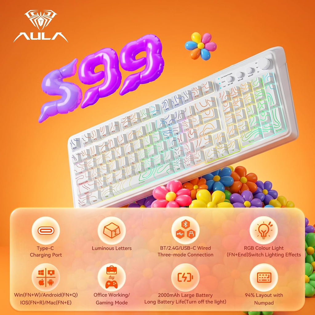 AULA Teclado inalámbrico para juegos blanco cremoso con teclado num...