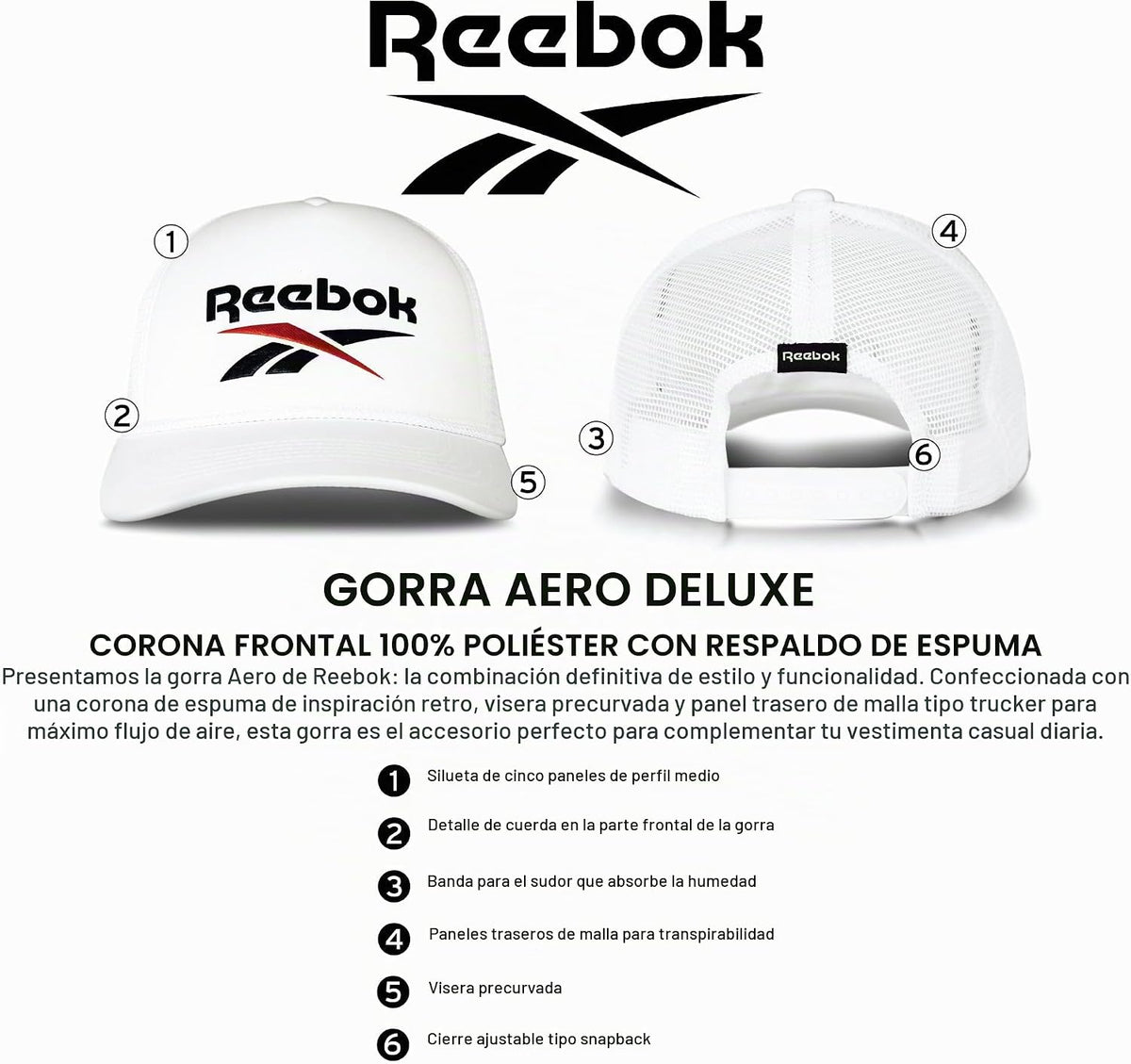 Gorra Reebok Aero Trucker | Gorra snapback | Ajustable | Espalda de...