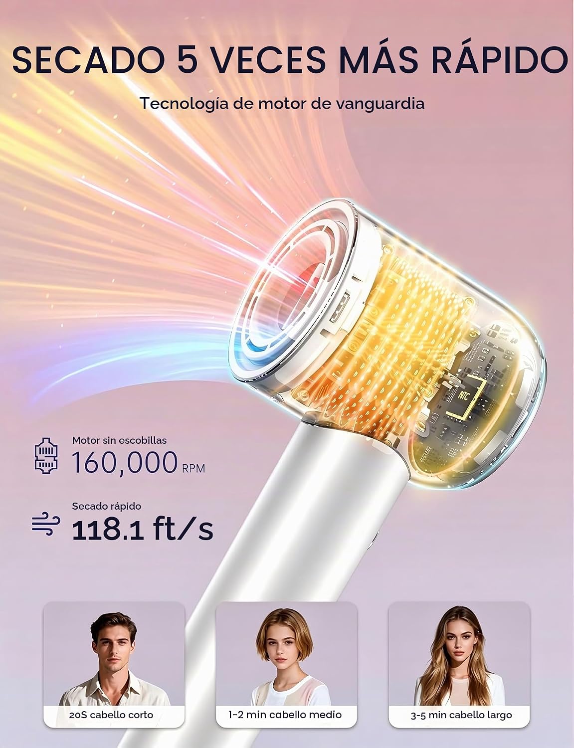 Secador de pelo iónico 160000 RPM portátil profesional ligero de al...