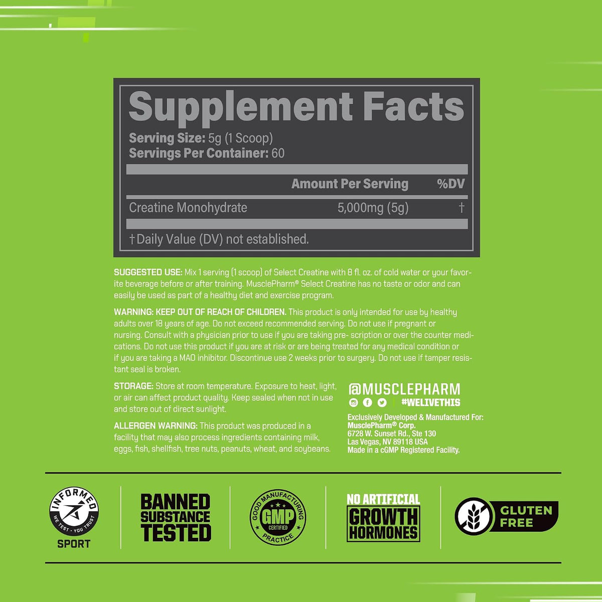 Muscle Pharm Creatina Monohidrato Polvo | Sin sabor - 60 porciones...