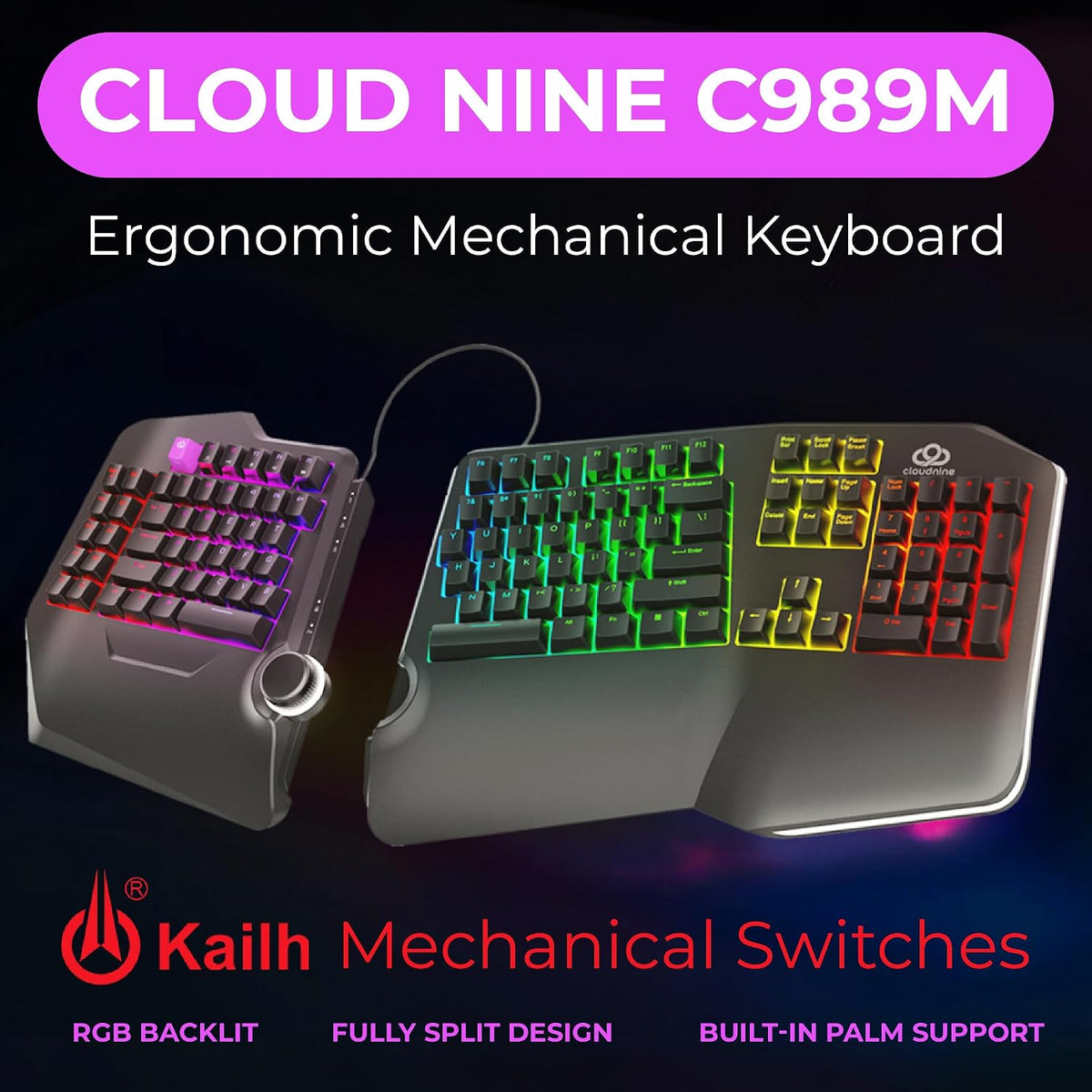 Cloud Nine C989 - Teclado mecánico ergonómico para PC - Interruptor...