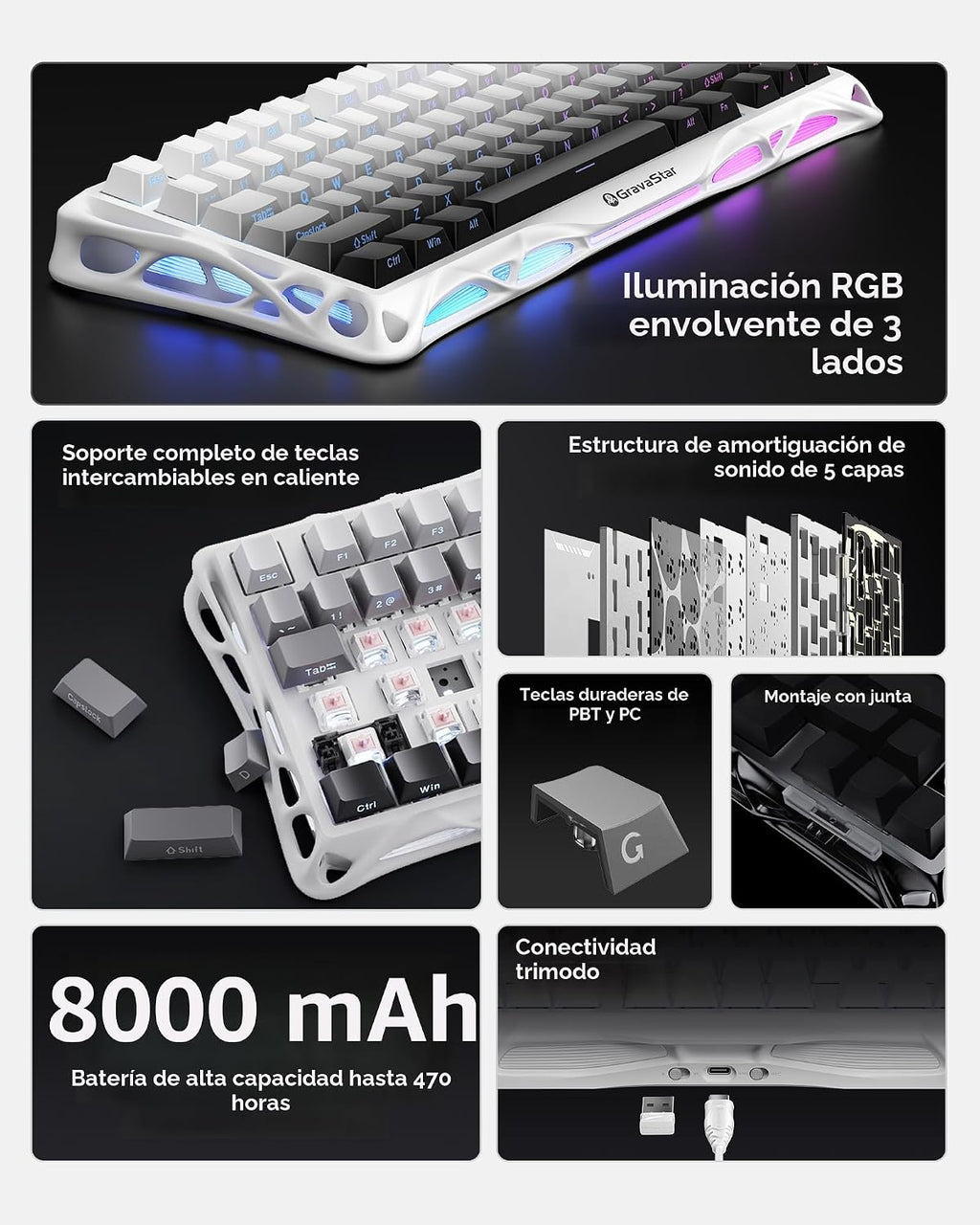 GravaStar Mercury K1 75% Teclado mecánico inalámbrico para juegos c...