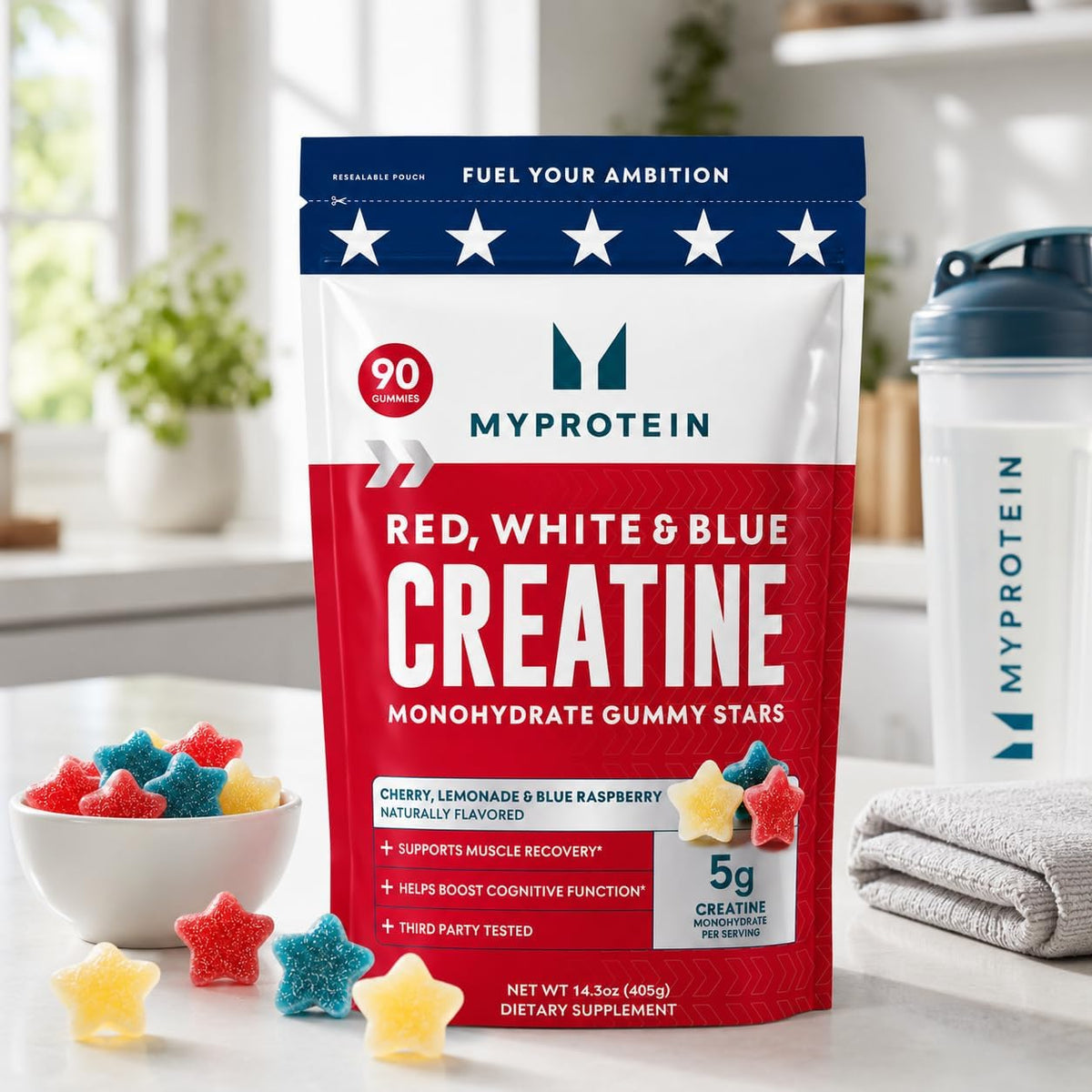 Myprotein Gomitas de creatina, rojas, blancas y azules, 90 unidades...