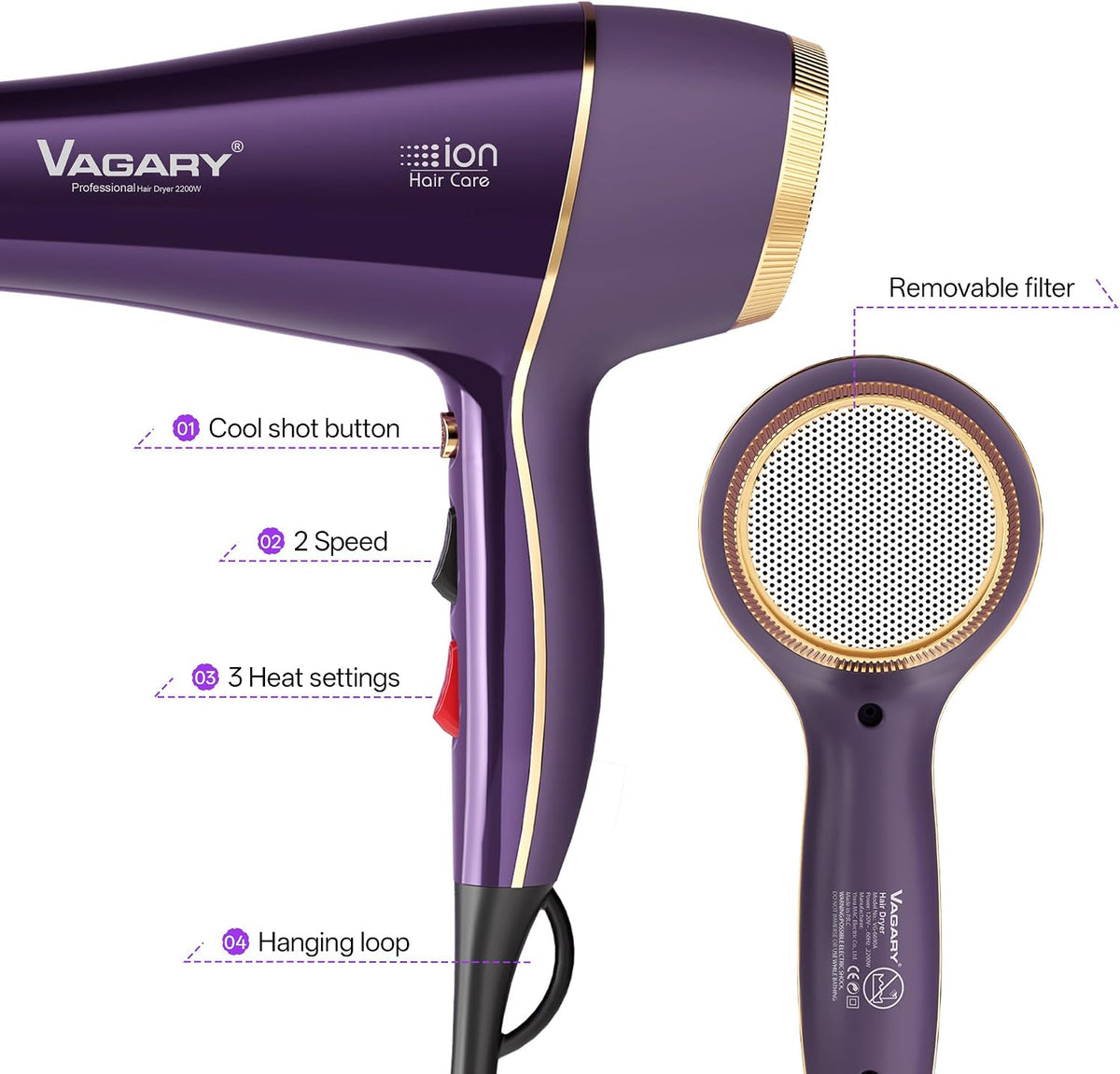 VAGARY Secador de pelo con concentrador difusor, 2200 W profesional...
