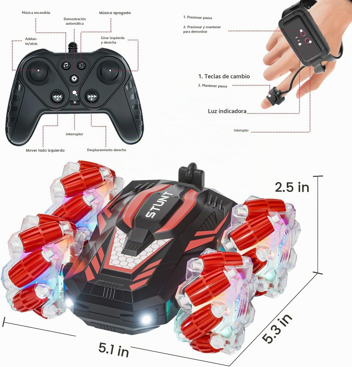 LOOZIX Auto de acrobacias RC con detección de gestos, auto a contro...