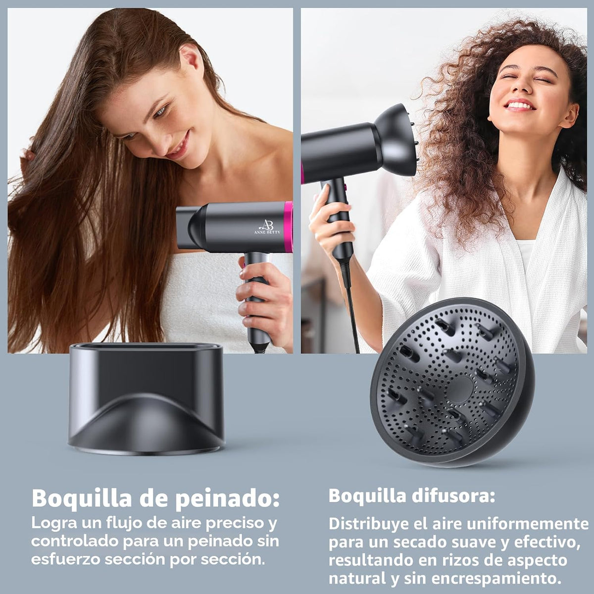 ANNE BETTY Secador de pelo iónico con difusor, potente secador de p...