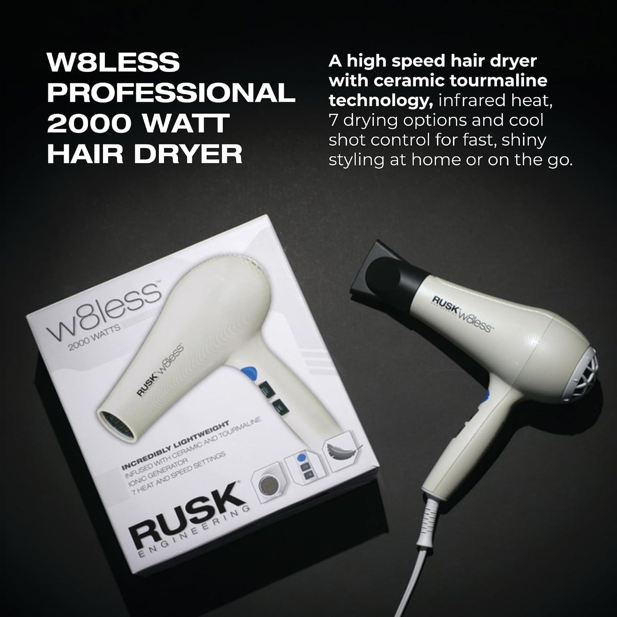 RUSK W8less - Secador de pelo iónico de 2000 W, tecnología de turma...