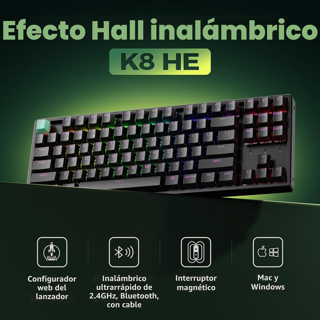 Teclado mecánico personalizado inalámbrico Keychron K8 HE TKL, efec...