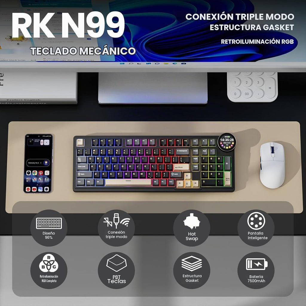 RK ROYAL KLUDGE Teclado mecánico inalámbrico N99 con pantalla y per...