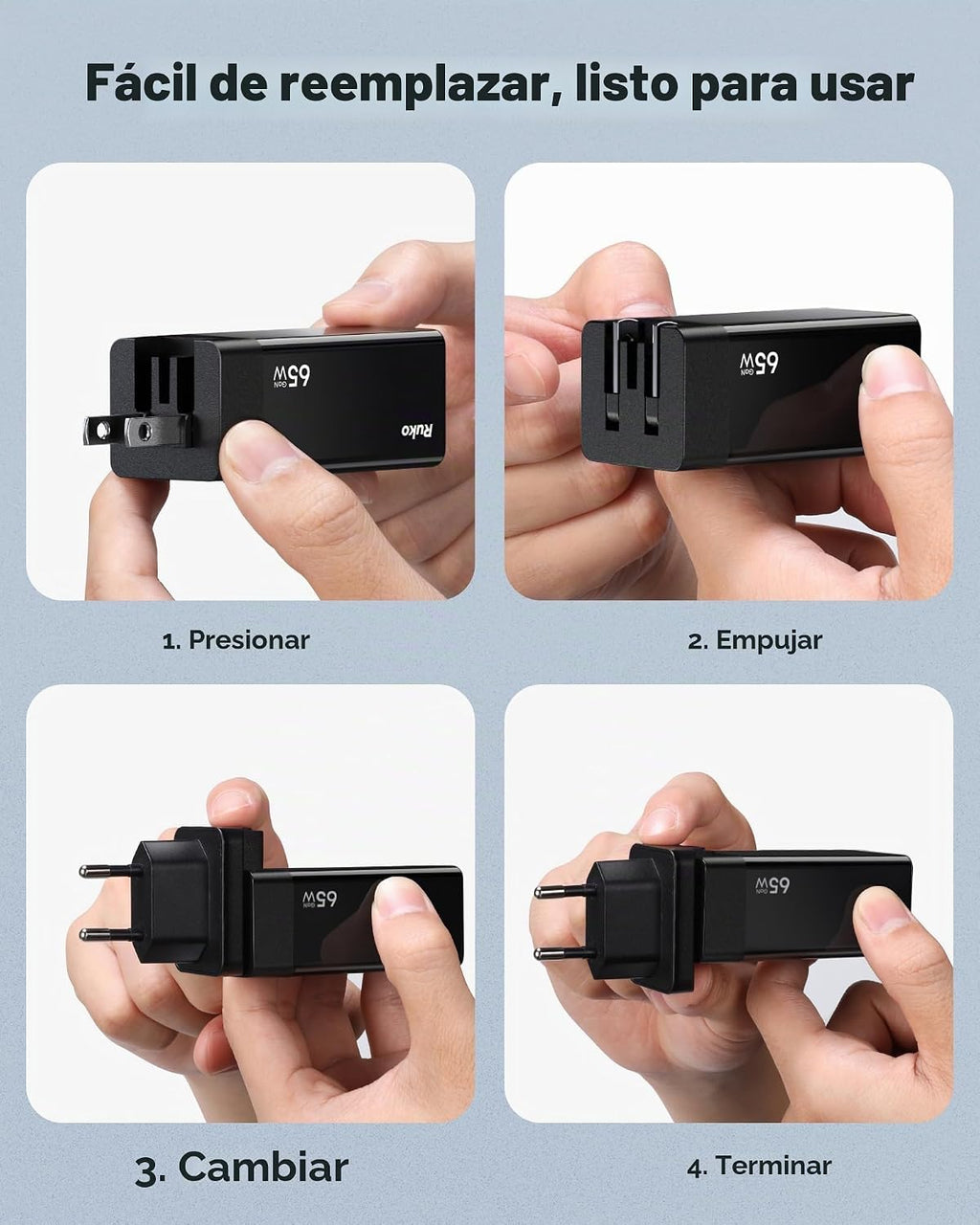 Ruko Kit de cargador de viaje USB C de 65 W, cargador rápido GaN de...