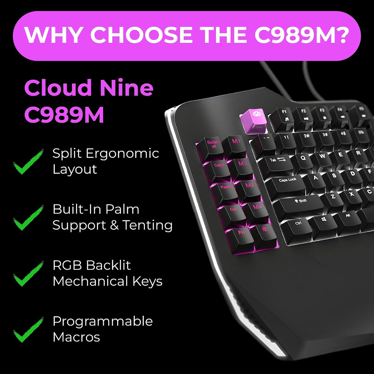 Cloud Nine C989 - Teclado mecánico ergonómico para PC - Interruptor...