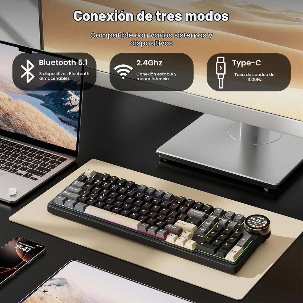 RK ROYAL KLUDGE Teclado mecánico inalámbrico N99 con pantalla y per...