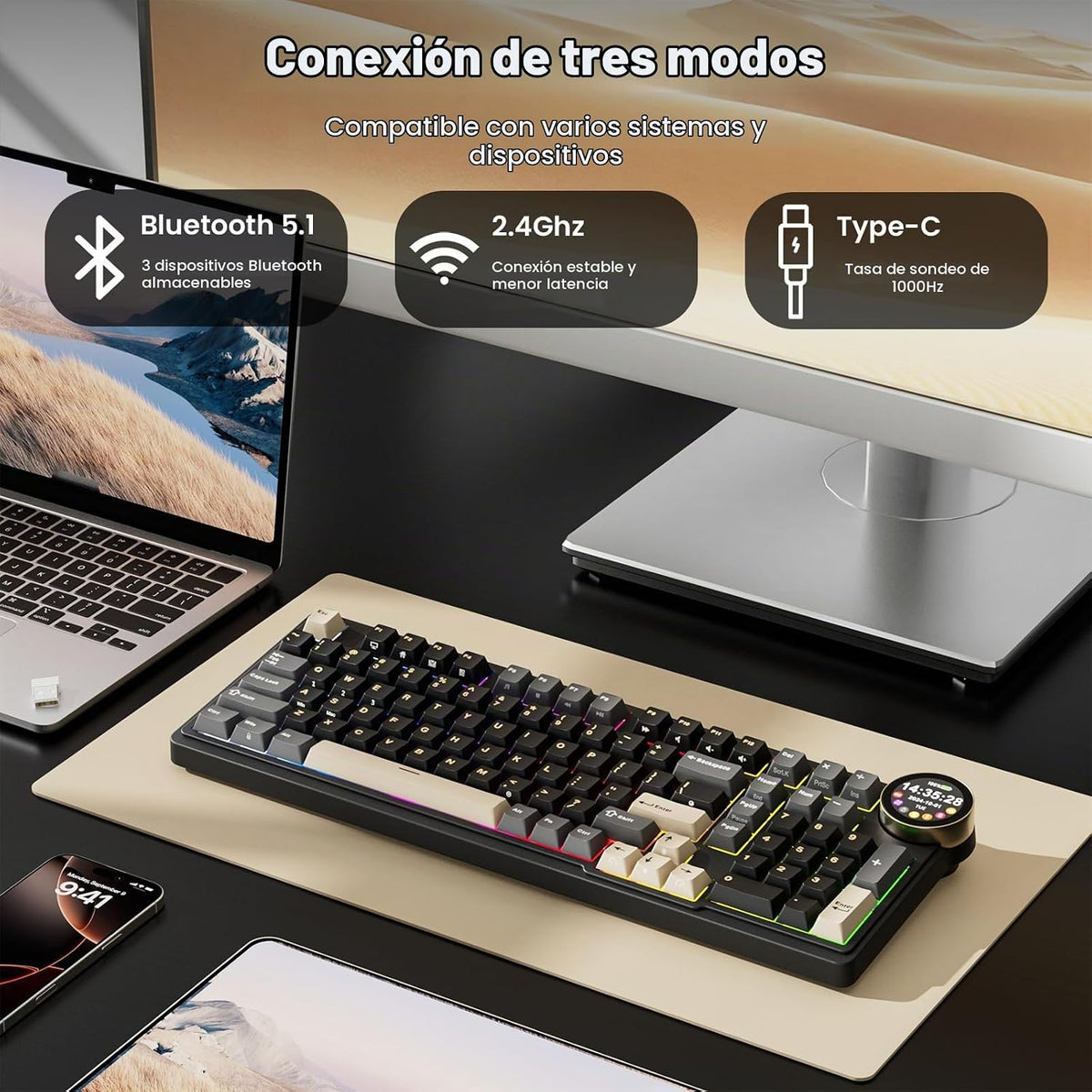 RK ROYAL KLUDGE Teclado mecánico inalámbrico N99 con pantalla y per...
