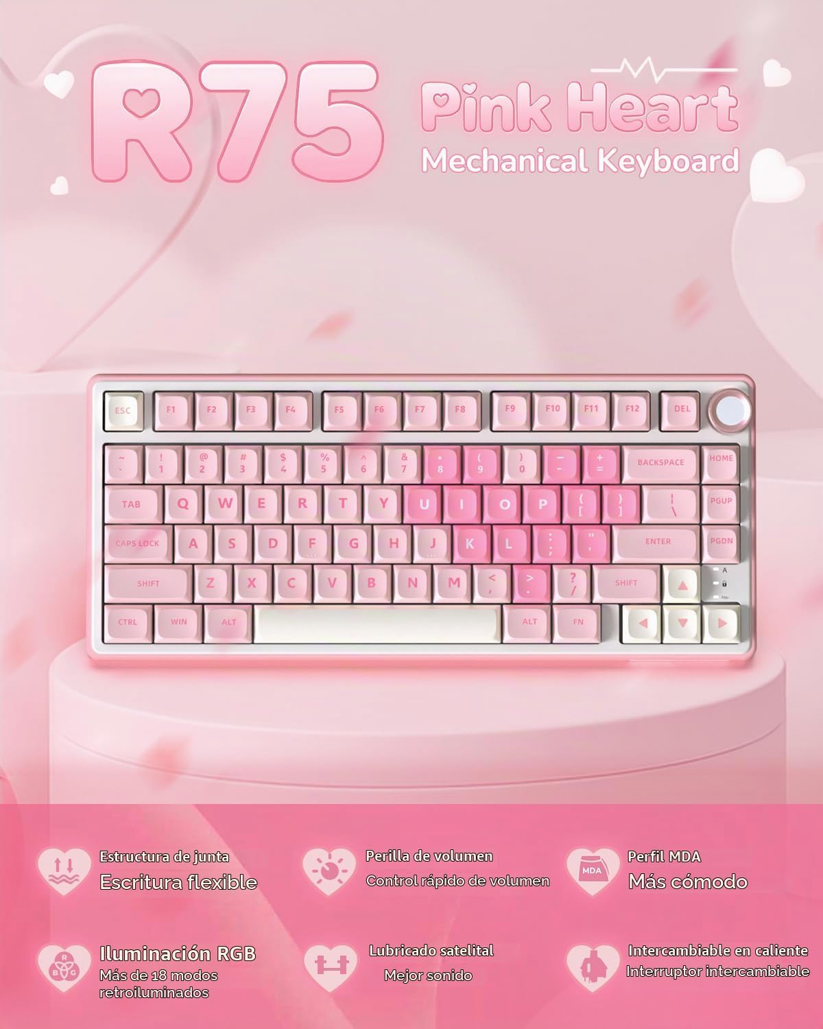 RK ROYAL KLUDGE Teclado mecánico R75 con cable con perilla de volum...