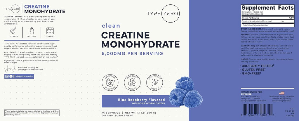 Monohidrato de creatina tipo cero polvo (17.64 oz) Frambuesa azul,...