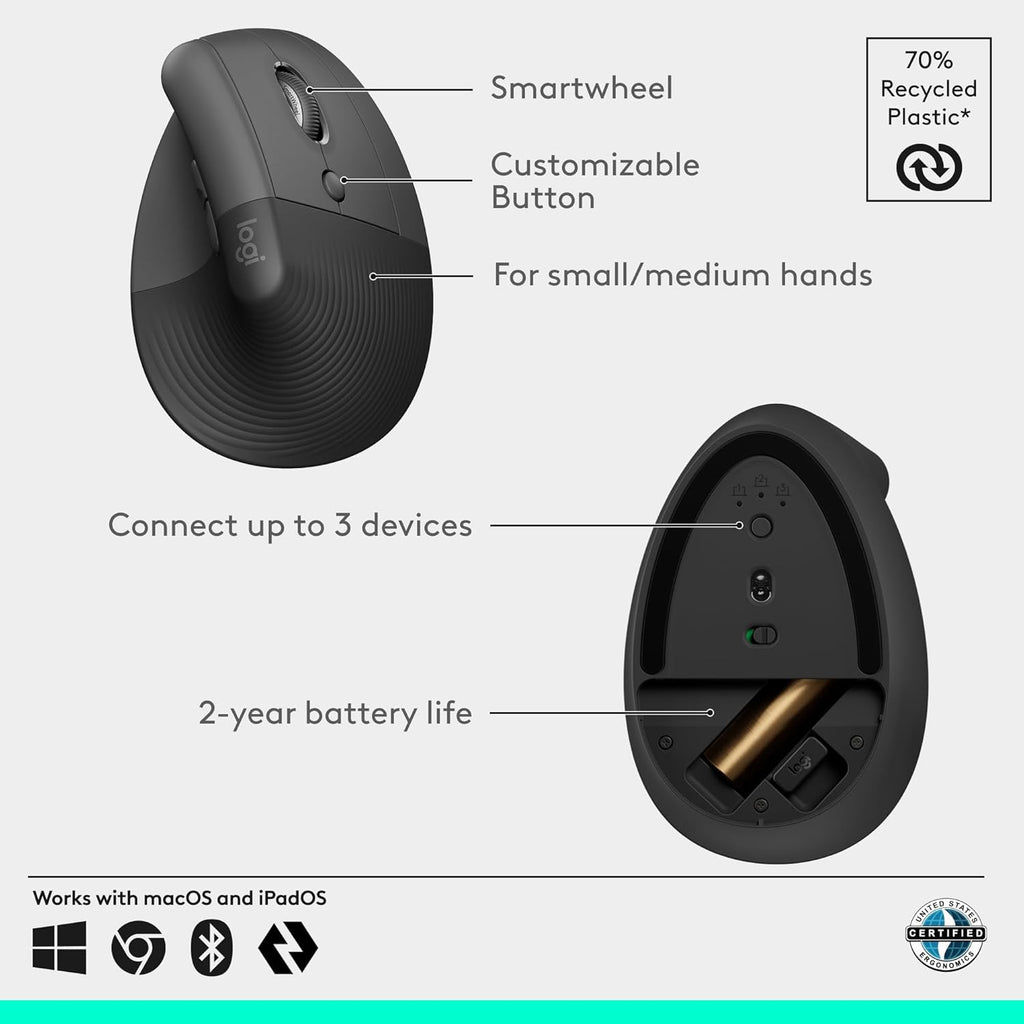 Ratón inalámbrico ergonómico vertical Logitech Lift - Grafito | Con...
