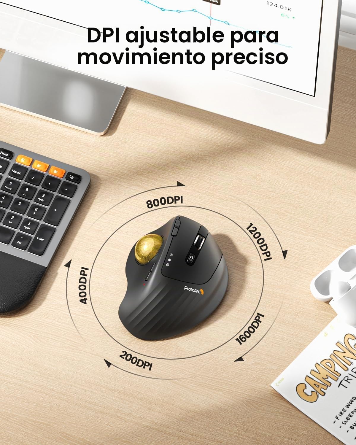 ProtoArc EM01 NL Ratón inalámbrico Trackball, control de pulgar rec...