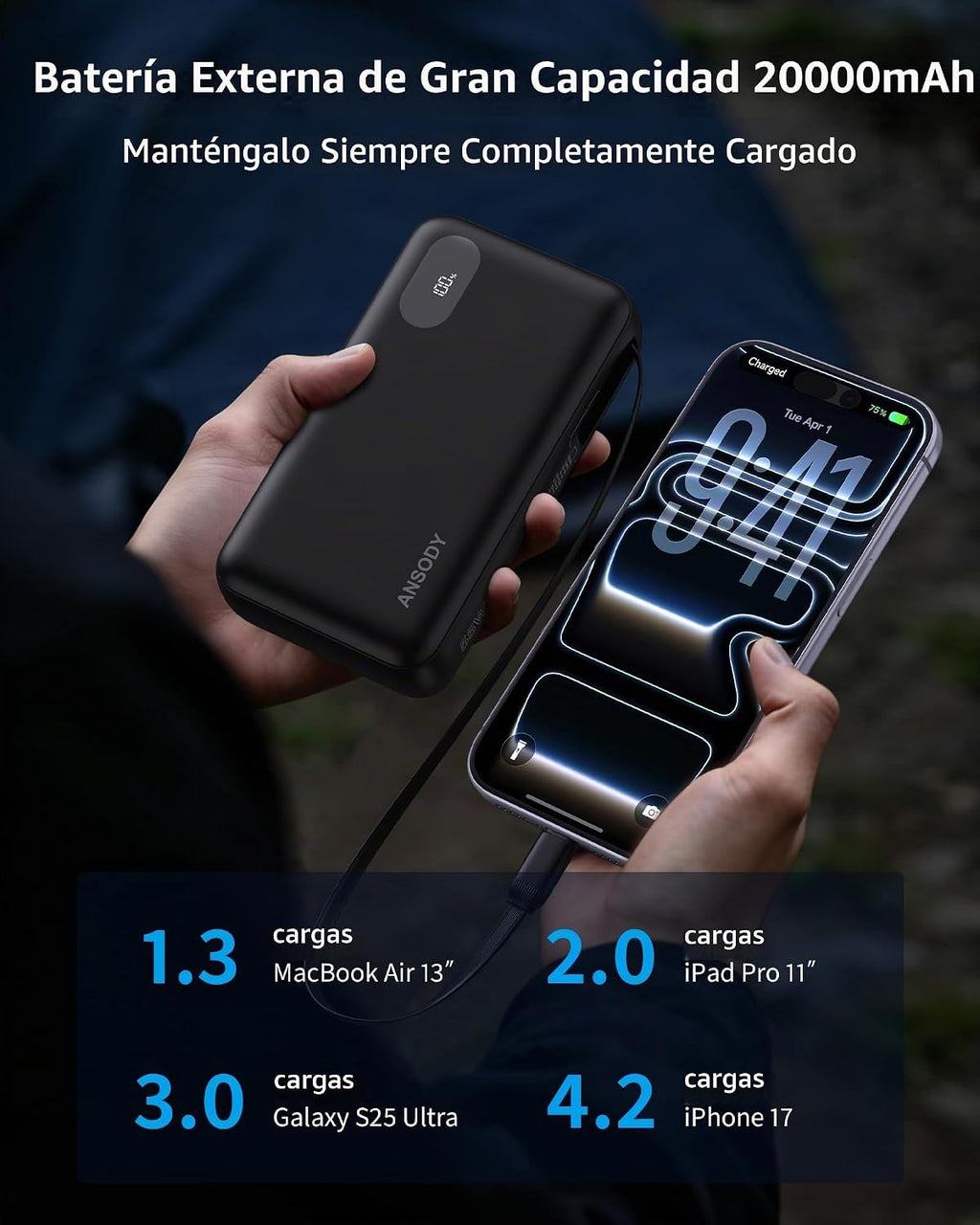 Cargador portátil de 55 W, cable retráctil de carga rápida de 20000...