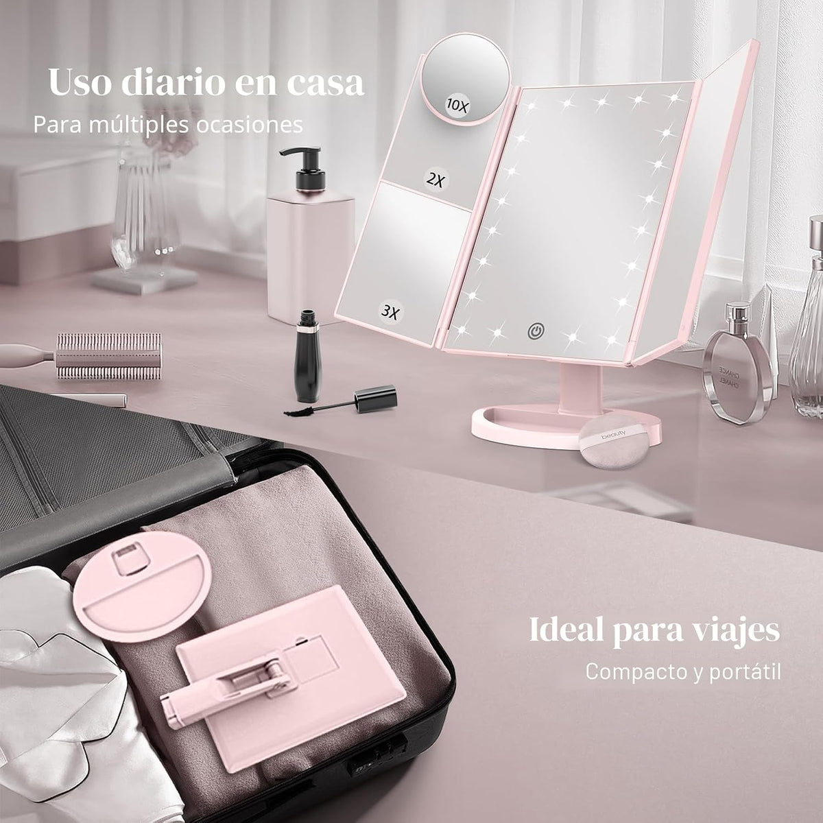 HUONUL Espejo de tocador con aumento 2X\/3X\/10X con luz, espejo de...