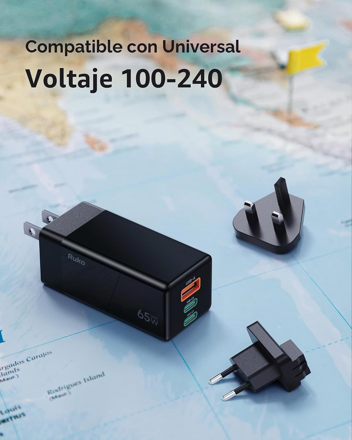 Ruko Kit de cargador de viaje USB C de 65 W, cargador rápido GaN de...
