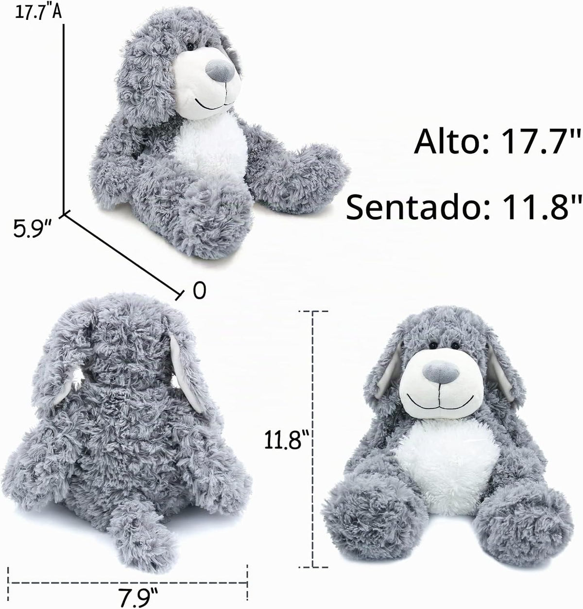 WEIGEDU Juguete de peluche de perro cachorro gris sonriente, 17,7 p...