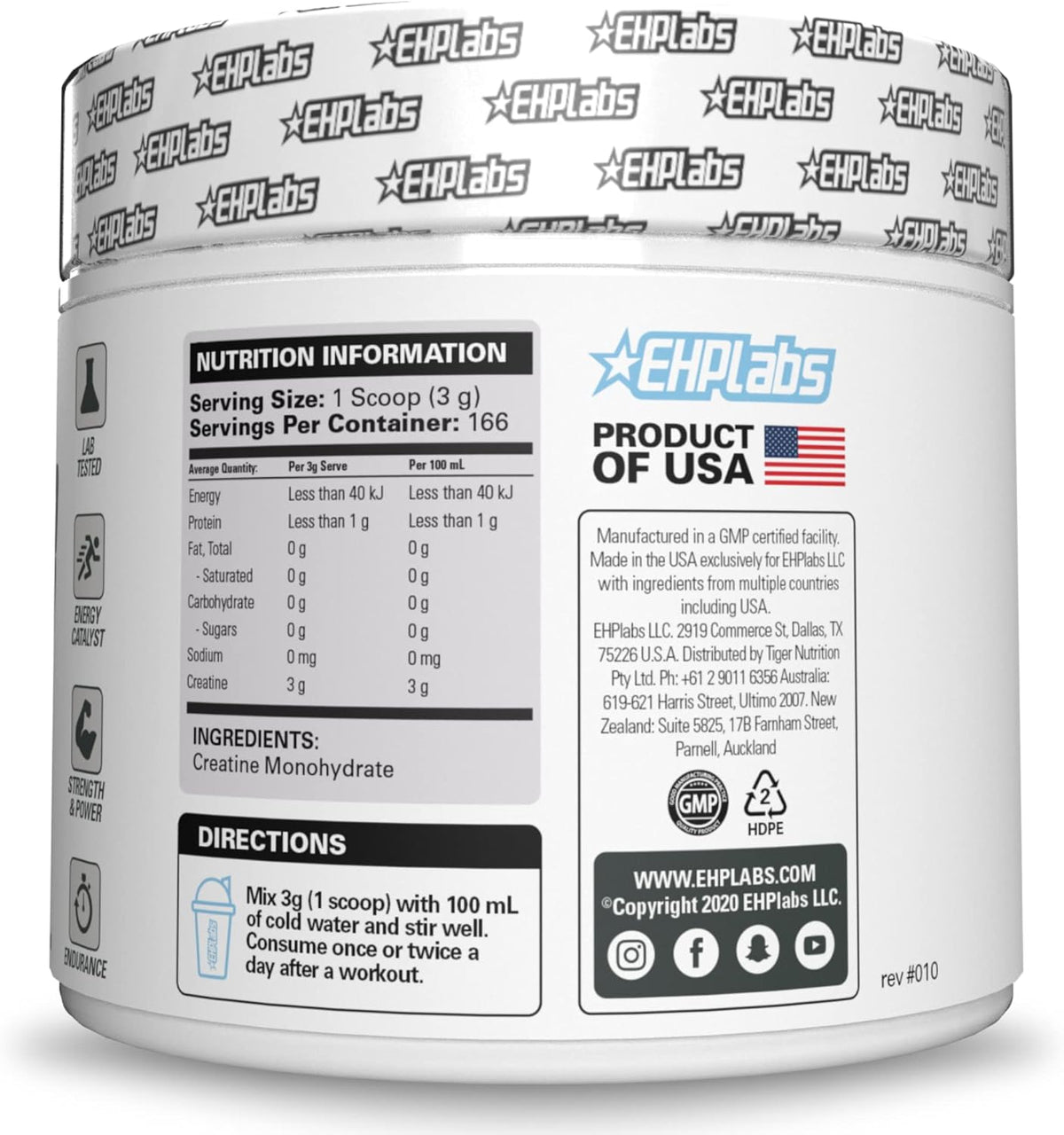 EHP Labs CREA-8 Monohidrato de creatina en polvo, sin sabor, 100 po...