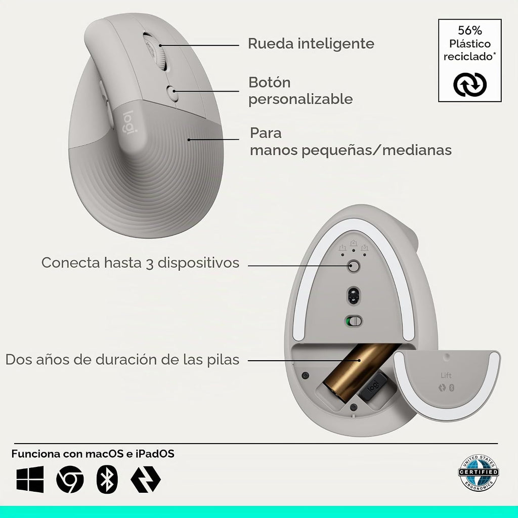 Logitech Ratón inalámbrico ergonómico vertical Lift - Arena | Conéc...