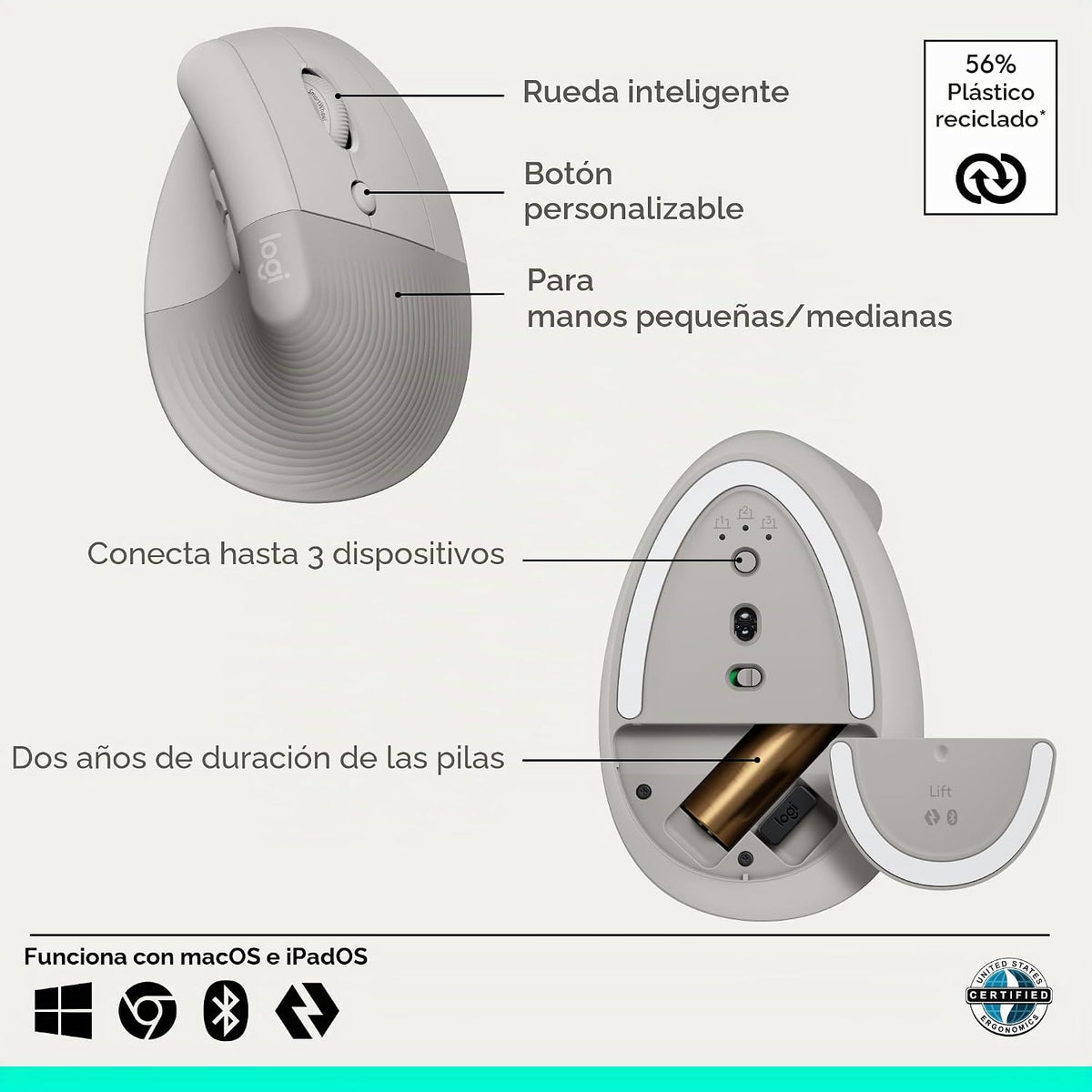 Logitech Ratón inalámbrico ergonómico vertical Lift - Arena | Conéc...