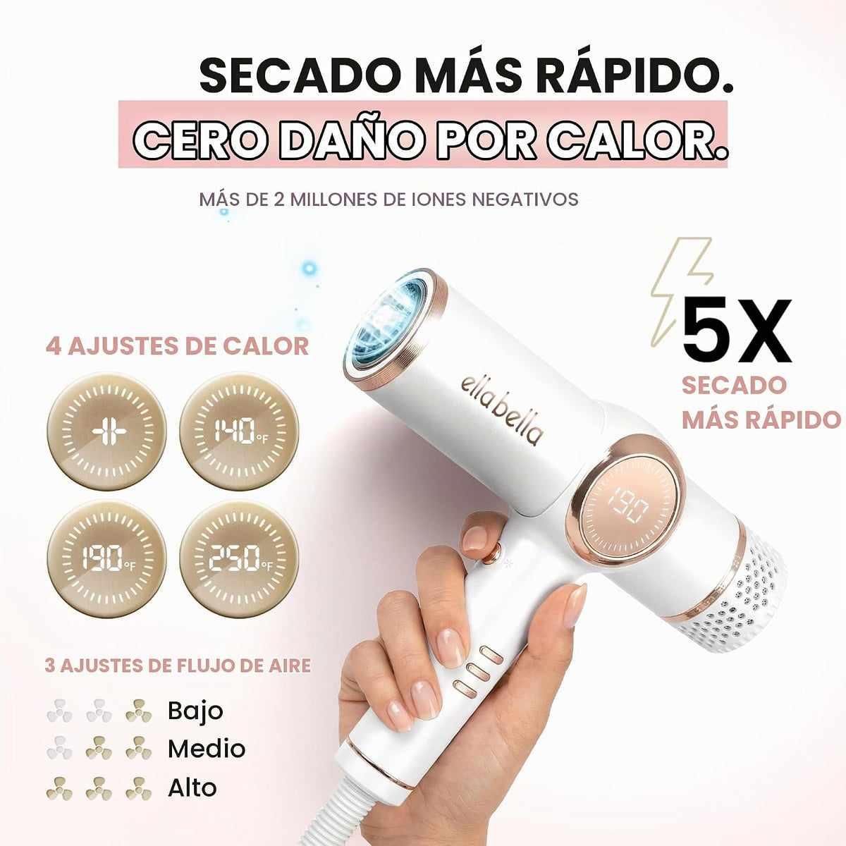 ELLA BELLA® - Secador de pelo iónico profesional con difusor \u2022...